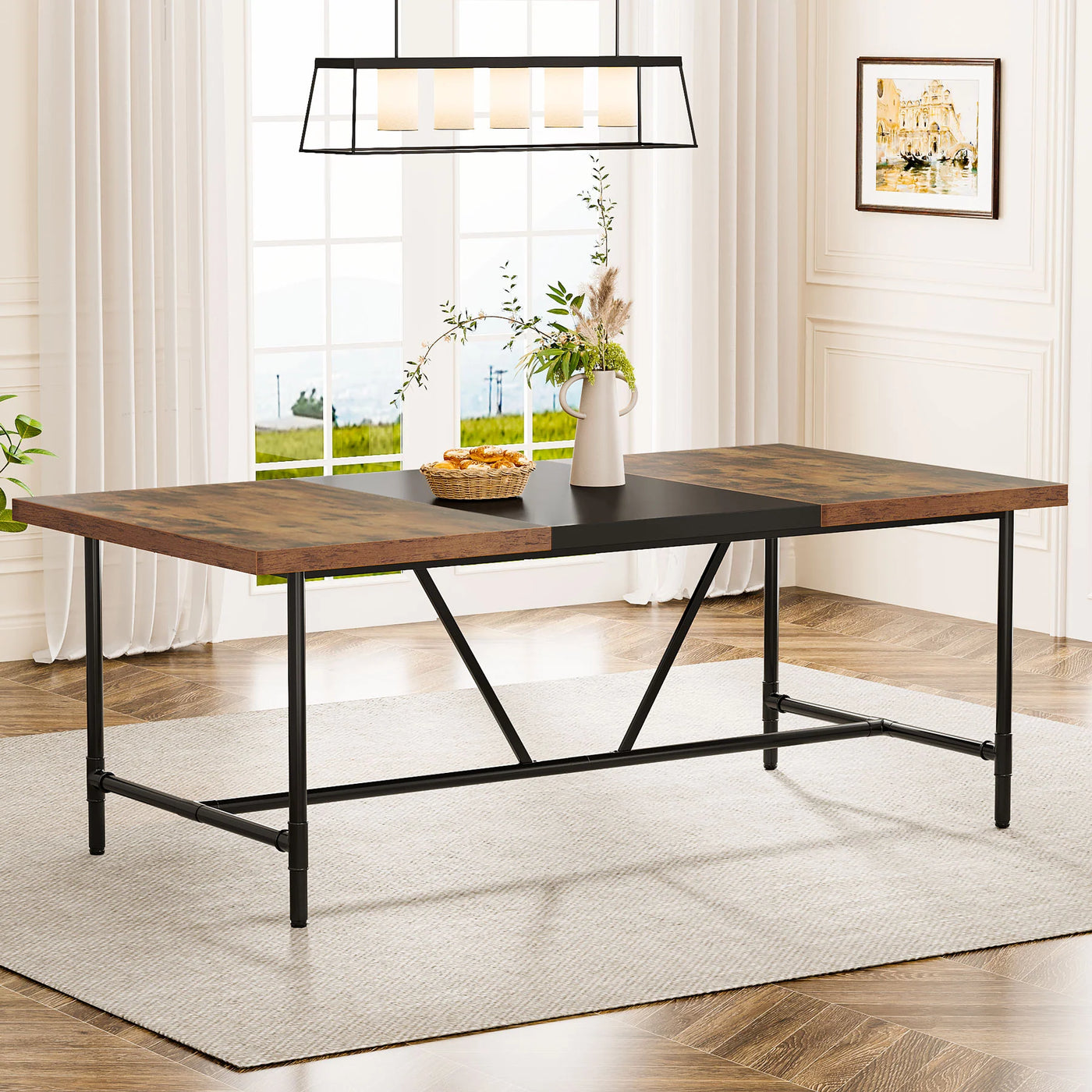 Claremont Rectangle Dining Table | Industrial Brown Black Wood Breakfast Dinner Table for 6-8 people