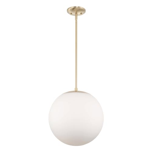 Mid-Century Modern Hanging Orb Pendant Light with Smooth Matte White Frosted Diffuser, Cool Brass Finish