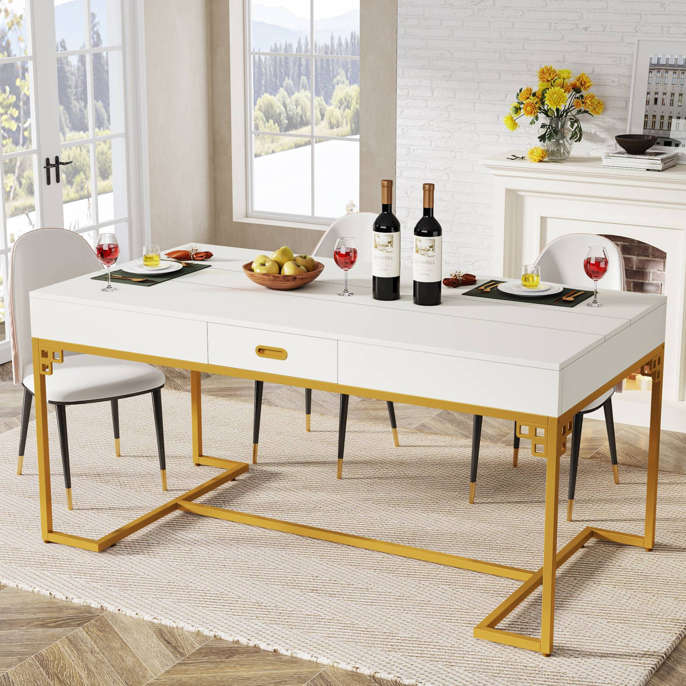 Wilson Modern Dining Table | 63" Breakfast Marble  Dinner Table with 2 Drawers for 4 to 6