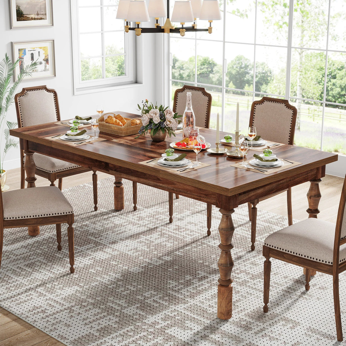 Winster Wood Dining Table | 62” Kitchen Table with Carved Turned Legs for 4-6 People