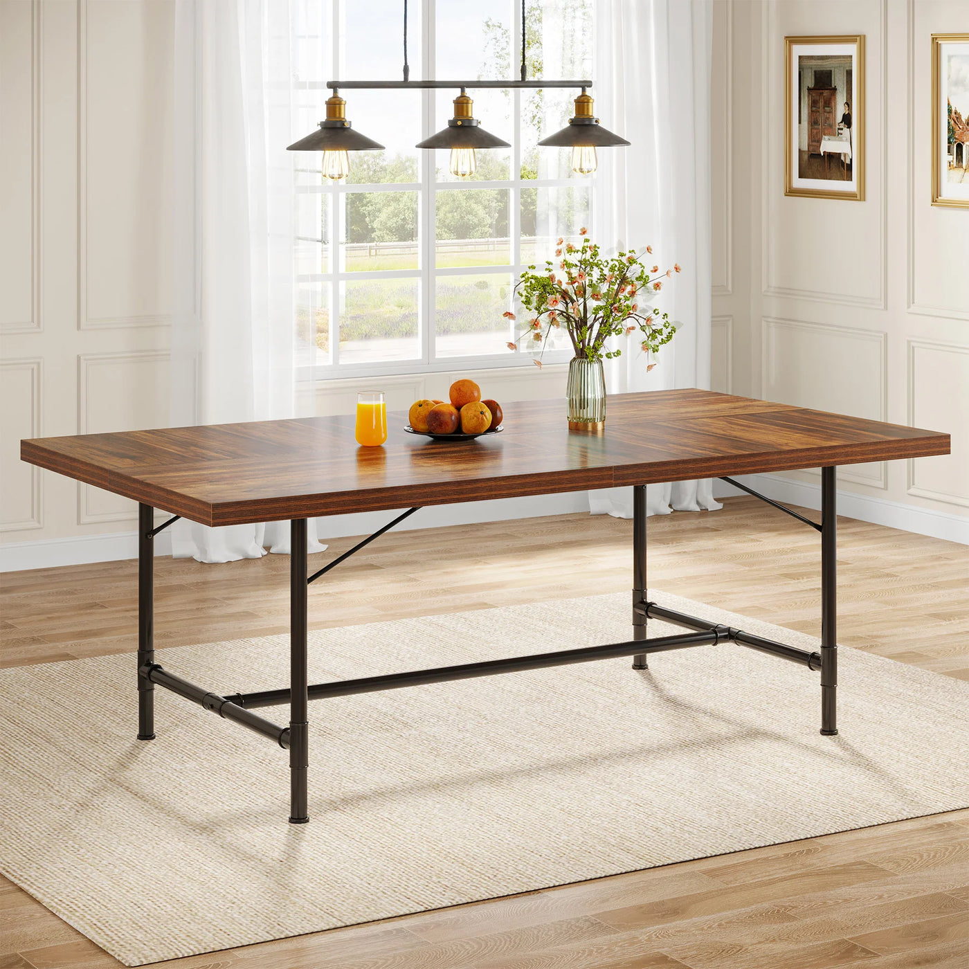 Loin 70.8" Industrial Dining Table Kitchen Table for 6-8 People Wood Black Metal Base