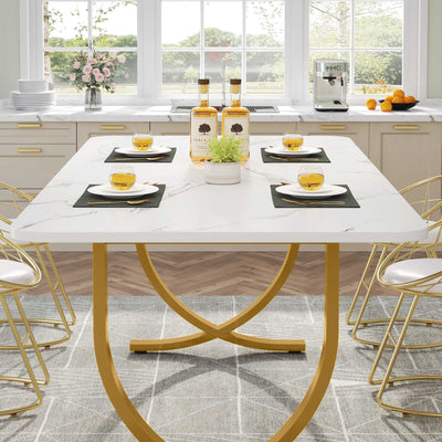 Mesa de comedor moderna Dhabi de 63" | Mesa de cocina con tablero de mármol sintético, base de metal blanco, negro y dorado