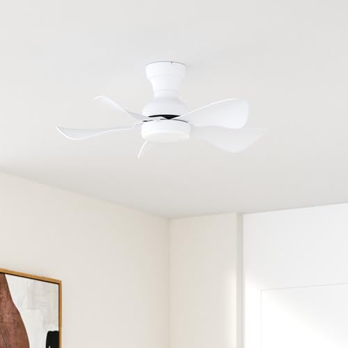 Ceiling Fans with Lights and Remote/APP Control, 30 inch Low Profile Ceiling Fans with 5 Reversible Blades 3 Colors Dimmable 6 Speeds Ceiling Fan for Bedroom Kitchen Dining Room, White