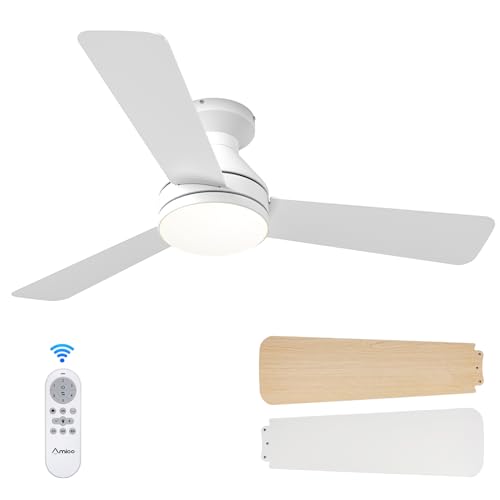 Ceiling Fans with Lights, 42 inch Low Profile Ceiling Fan with Light and Remote Control, Flush Mount, Reversible, 3CCT, Dimmable, Noiseless, Black Ceiling Fan for Bedroom, Indoor/Outdoor Use