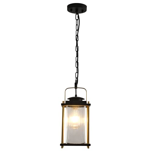 Outdoor Hanging Porch Light Waterproof Black and Gold Outdoor Pendant Lights Outdoor Chandelier with Striped Glass for Porch Entryway and Front Door.