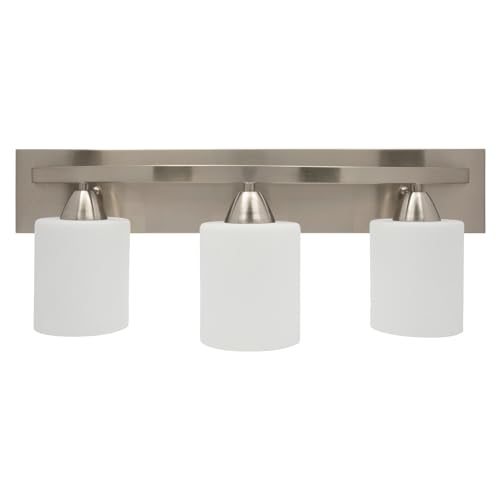 Bathroom Vanity Light Fixture | Interior Bathroom Lighting Bar with Modern Milk Glass Shade | Bathroom Lights Over Mirror | Brushed Nickel, 3 Lights, E26 100W LED, Bulbs not Included