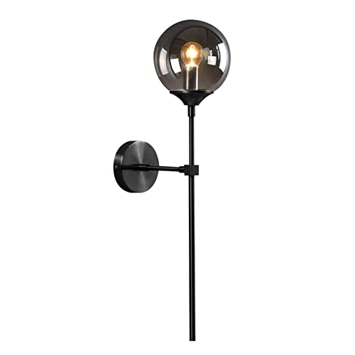 Lighting Modern Smoke Grey Glass Globe Black Matte Slim Wall Sconce Light with Long Arm Vintage Industrial Wall Sconce for Hallway, Stairs, Bathroom Mirror