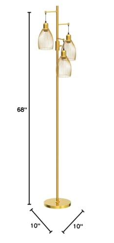 Dimmable Floor Lamp, Industrial Floor Lamps for Living Room, Gold Tree Lamp Standing Lamp Tall Lamps with 3 Elegant Teardrop Cage Head & 800 Lumens LED Bulbs for Living room Bedroom Office