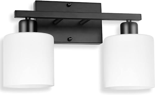 Black Bathroom Light Fixtures Over Mirror, Rustproof Vanity Lights for Bathroom, Modern 3-Light Wall Sconces for Living Room, Milky White Glass Shades, Standard E26 Base, Bulbs Not Included