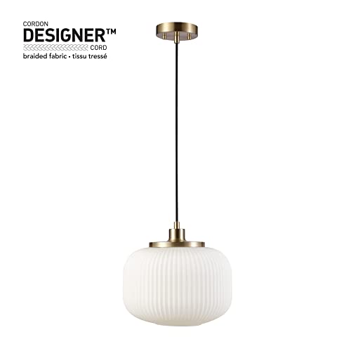 1-Light Pendant Lighting, Matte Brass, Frosted Ribbed Glass Shade, Bulb Not Included