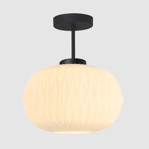 Semi Flush Mount Ceiling Light Mid Century Interior Ceiling Light with White Striation Glass Shade Gold Ceiling Light Fixture for Hallway Corridor Kitchen Bathroom