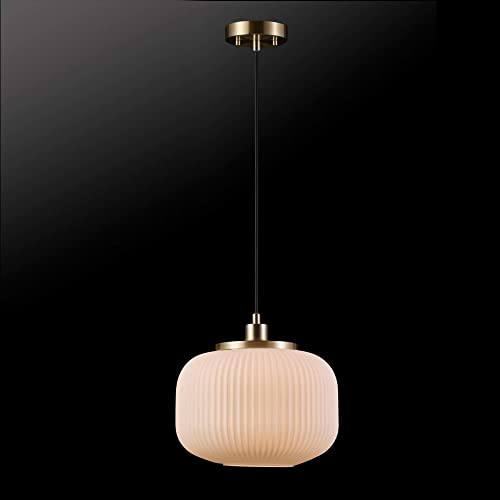 1-Light Pendant Lighting, Matte Brass, Frosted Ribbed Glass Shade, Bulb Not Included