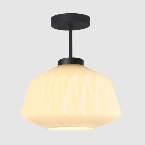 Semi Flush Mount Ceiling Light Mid Century Interior Ceiling Light with White Striation Glass Shade Gold Ceiling Light Fixture for Hallway Corridor Kitchen Bathroom