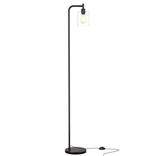 Industrial Floor Lamp with Glass Shade - Black, LED Bulbs, Foot Pedal Switch, Easy Assembly