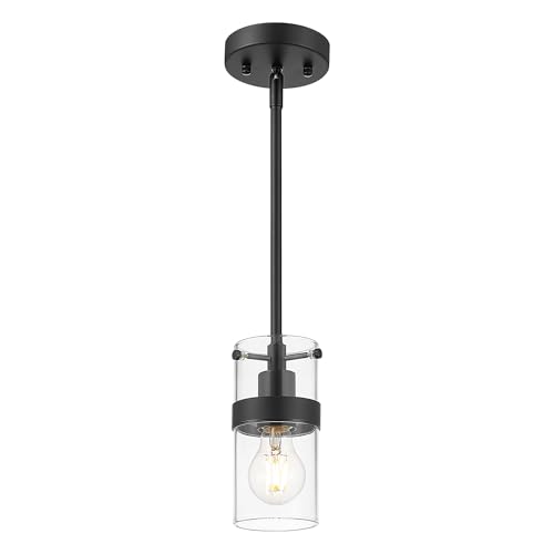 LMS 4-Light Island Lights, Farmhouse Light Fixtures with Hammered Glass Shade, Matte Black Linear Chandelier Pendant Lighting Over Table for Adjustable Height, Kitchen Island, LMS-171BK-4