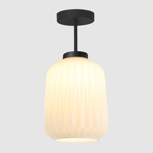 Semi Flush Mount Ceiling Light Mid Century Interior Ceiling Light with White Striation Glass Shade Gold Ceiling Light Fixture for Hallway Corridor Kitchen Bathroom