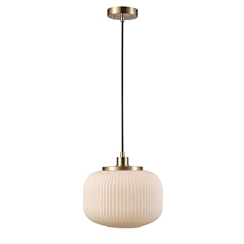 1-Light Pendant Lighting, Matte Brass, Frosted Ribbed Glass Shade, Bulb Not Included