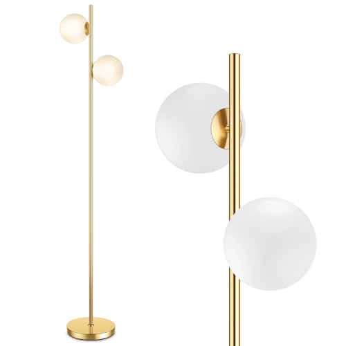 Mid Century Modern 2 Frosted Glass Globe Floor Lamp for Living Room,Contemporary LED Standing Light, Gold Corner Pole Office Bedroom, Study Room, Hotel, Antique Brass Lighting