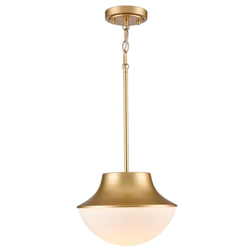 Modern Gold Semi Flush Mount Ceiling Light Fixture Brass Metal Round Bowl Shape Milk Glass Light Fixture Ceiling Mount for Bathroom Bedroom Hallway Entrance Staircase Office Living Room