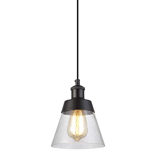 Rustic Glass Pendant Light with Handblown Clear Seeded Glass Shade, One-Light Adjustable Industrial Cone Mini Pendant Lighting Fixture for Kitchen Island Cafe Bar Farmhouse, Oil Rubbed Bronze