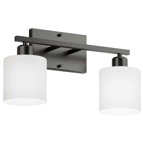 Black Bathroom Light Fixtures Over Mirror, Rustproof Vanity Lights for Bathroom, Modern 3-Light Wall Sconces for Living Room, Milky White Glass Shades, Standard E26 Base, Bulbs Not Included