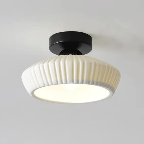 White Semi Flush Mount Ceiling Light, Mid Century Modern Close to Ceiling Light Fixtures, 8.6" Milk Glass Ceramic Pendant Lamp Shade, Farmhouse Lighting for Porch Hallway Kitchen Bedroom