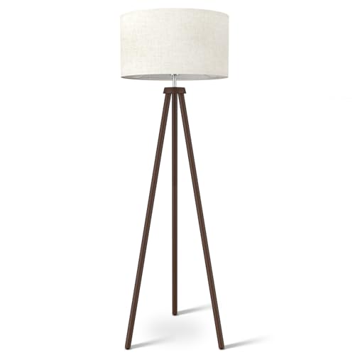 Wood Tripod Floor Lamp, Mid Century Standing Lamp for Living Room, Flaxen Lamp Shade, Modern Design Standing Lamp with E26 Lamp Base, Tall Floor Lamp for Bedroom, Study Room and Office Brown