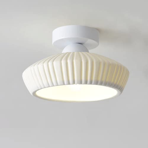 White Semi Flush Mount Ceiling Light, Mid Century Modern Close to Ceiling Light Fixtures, 8.6" Milk Glass Ceramic Pendant Lamp Shade, Farmhouse Lighting for Porch Hallway Kitchen Bedroom