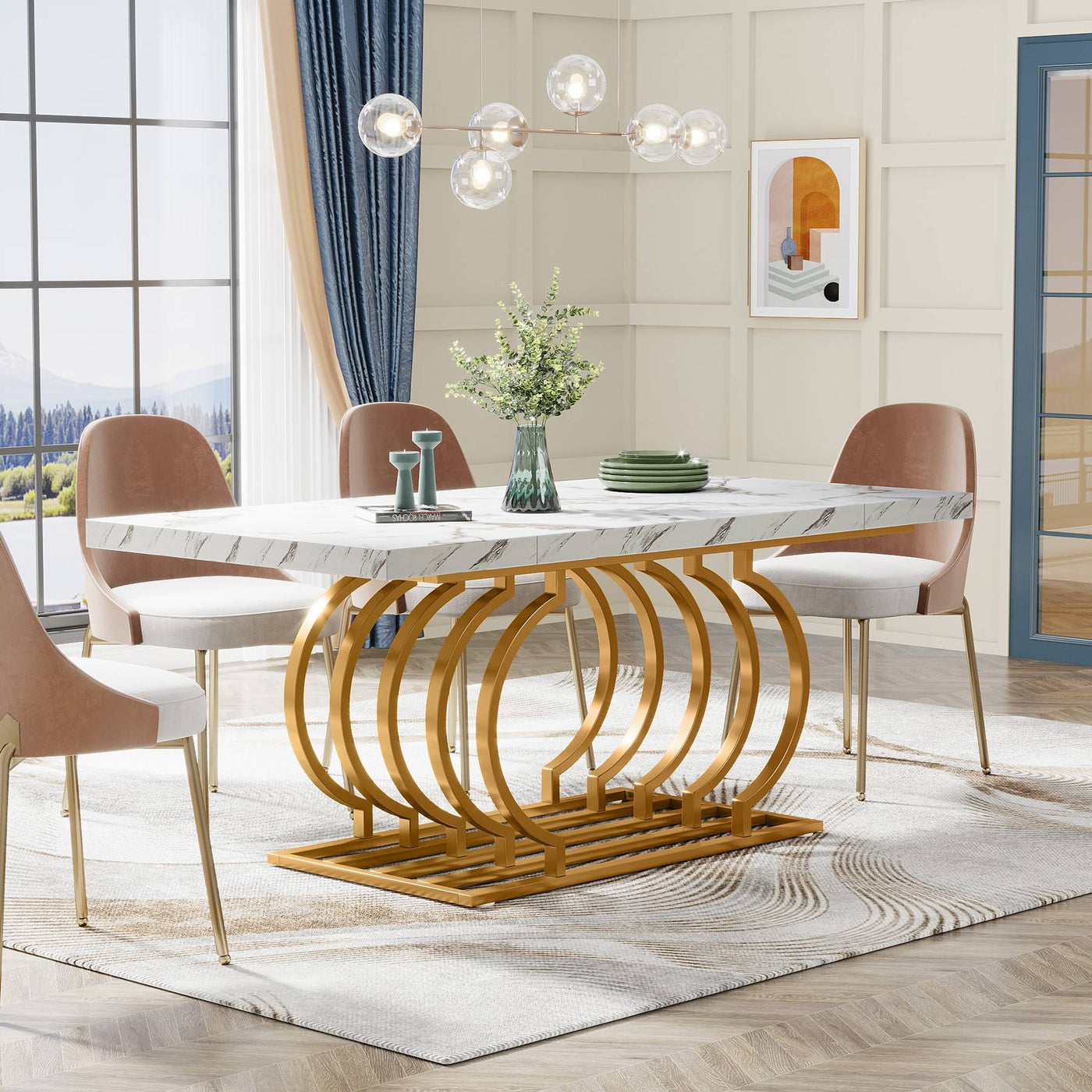 Argent Faux Marble Dining Table | 63 inch Wood Kitchen Table with Geometric Frame