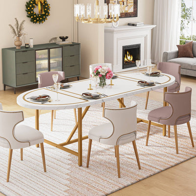 Mesa de comedor ovalada Rivene | Mesa de cocina moderna de mármol dorado y blanco de 70,8 pulgadas para 6 personas
