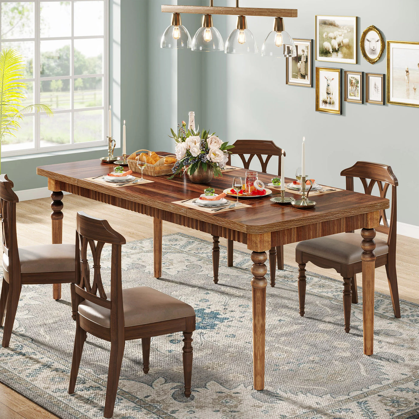 Alexandra Farmhouse Dining Table for 4-6 People | Kitchen Table with Solid Wood Turned Legs