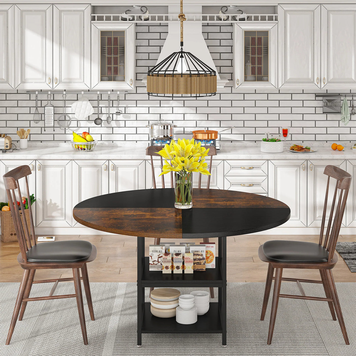 Garde Round Wooden Dining Table | 47" Kitchen Dinner Table with Storage Shelf Brown Black