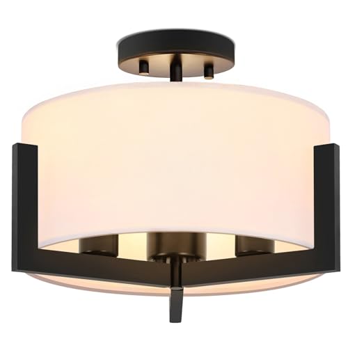 14inch Semi Flush Mount Ceiling Light: 3-Light Black Modern Light Fixtures Ceiling Mount with Drum Fabric Shade, Close to Ceiling Lighting for Bedroom, Kitchen, Entryway, Foyer(Bulb Exclude)