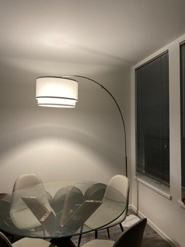 Modern Corner Standing Lamp with Unique Hanging Drum Lamp Shade for Living Room - Bright Overhead, Curved Hanging Light for Bedroom. Library, Den - Bronze