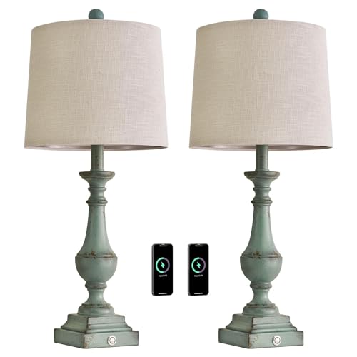 24.5" Mid Century Single Table Lamp for Living Room Farmhouse Linen Bedside Lamps for Bedroom Kids Room Dorm Office Rustic Lamps for End Table Nigntstand Resin