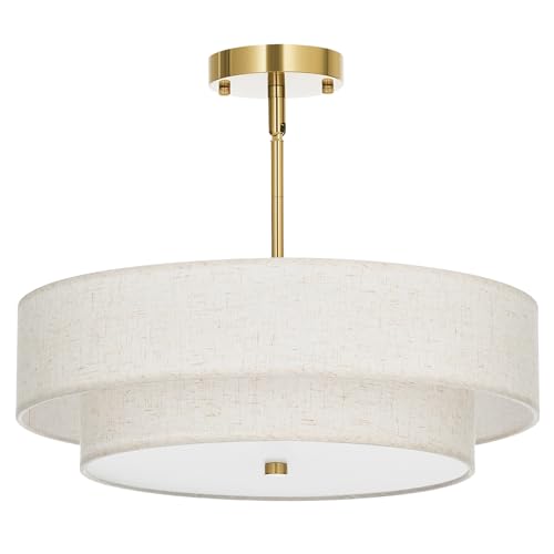 4-Light Drum Chandeliers, 18" Pendant Light Fixture with 2-Layer Fabric Shade E26 Bases, Adjustable Swivel Joint Hanging Light Fixture for Bedroom Living Room Kitchen Hallway, Antique Brass