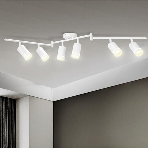 LED 6 Light Track Lighting Kit, 6-Light Track Lighting Fixtures Ceiling, Flexible Rotatable Detachable GU10 Light Head, Matte White, Bulb Not Included, for Kitchen, Home Office, Laundry