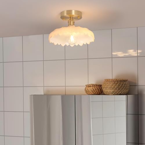 Semi Flush Mount Ceiling Light, Gold Hallway Vintage Lights Fixture Ceiling with Amber Peony Glass, Bulb Included, 4.72" Base Modern Ceiling Light Fixtures for Kitchen Bedroom