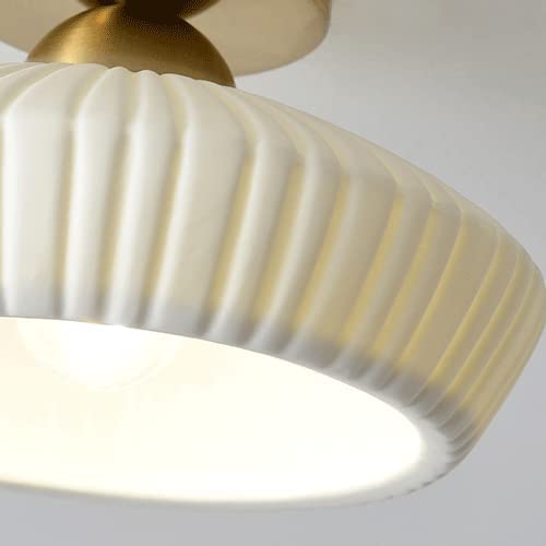 White Semi Flush Mount Ceiling Light, Mid Century Modern Close to Ceiling Light Fixtures, 8.6" Milk Glass Ceramic Pendant Lamp Shade, Farmhouse Lighting for Porch Hallway Kitchen Bedroom