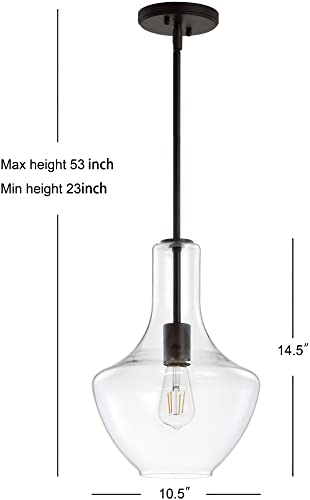 10.5" Glass/Metal LED Pendant Farmhouse Contemporary Dimmable Dining Room Living Room Kitchen Foyer Bedroom Hallway, Oil Rubbed Bronze/Clear