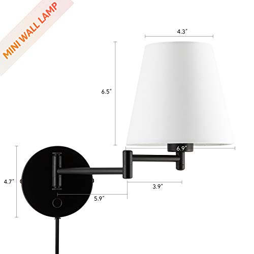 Modern Adjustable Swing Arm Wall Lamp Brushed Nickel, Plug-in Wall Sconce Lighting for Bedroom Bedside, Living Room, Kitchen, Hallway, Wall Mounted Light Fixtures with White Fabric Shade