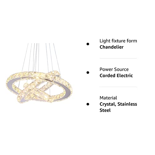 Modern LED Chandeliers Crystal Chandelier 3 Ring Round Pendant Lighting Adjustable Stainless Steel Ceiling Light Fixture for Living Room Dining Room Bedroom