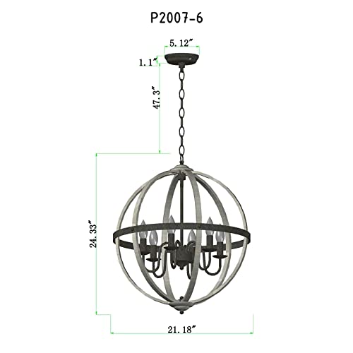 Farmhouse Chandelier,Industrial Rustic Globe Sphere Orb Chandelier Oak White 4 Lights for Dining Room Entryway Kitchen Island Foyer UL Listed