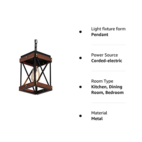 Modern Farmhouse Antique White Distressed Pendant Light with Wood and Metal Cage, One-Light Adjustable Chains Rustic Mini Pendant Lighting Fixture for Kitchen Island Cafe Bar