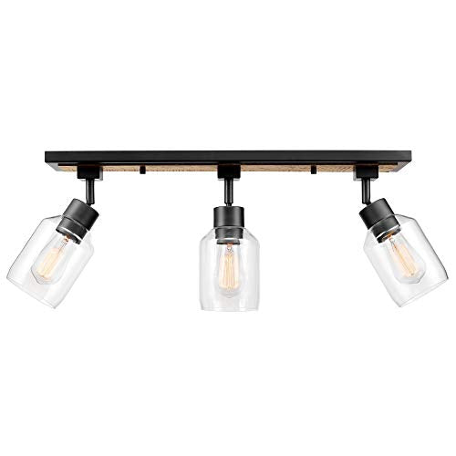 3-Light Track Lighting, Wood Toned, Matte Black Accents, Clear Glass Shades, Kitchen, Bathroom, Home Essentials, Ceiling Light, Dorm, Dining Room, Hallway