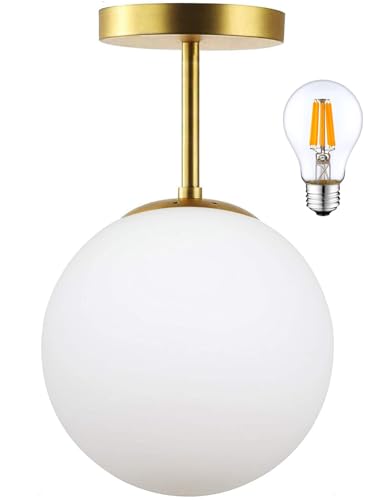 KoKo&Yukina 3-Light Semi Flush Mount Ceiling Light Globe Ceiling Light Mid Century Ceiling Light with Opal Milk Glass Globe & Brushed Brass for Bedroom Hallway Entryway Kitchen Living Room-Bulb Incl