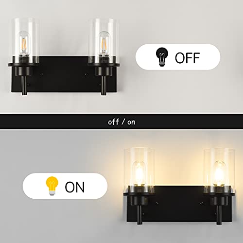 Bathroom Vanity Light Fixtures, 2 Light Wall Sconce Black Vintage Industrial Farmhouse Sconces Wall Lighting with Clear Glass Shade for Bathroom Bedroom Living Room