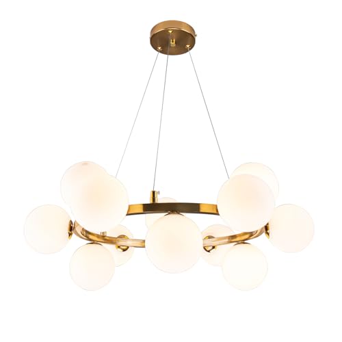 Modern Globe Gold Chandelier - 3.9in Glass Shape Sputnik Ceiling Light Fixture, Mid Century Bubble Dining Room Pendant Light, Hanging Brass Island Light for Kitchen Bedroom Entryway Over Table