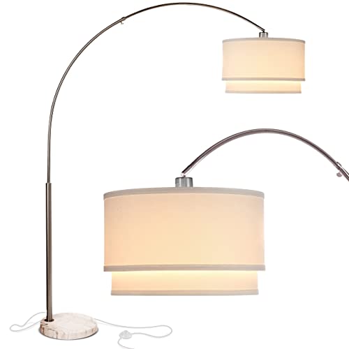 Modern Corner Standing Lamp with Unique Hanging Drum Lamp Shade for Living Room - Bright Overhead, Curved Hanging Light for Bedroom. Library, Den - Bronze