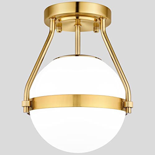 Lakumu Globe Semi Flush Mount Ceiling Light, Mid Century Ceiling Lamp with Milky White Glass Shade, Industrial Brushed Gold Ceiling Light for Living Room Hallway Kitchen Island Dining Room(Bulb Incl.)